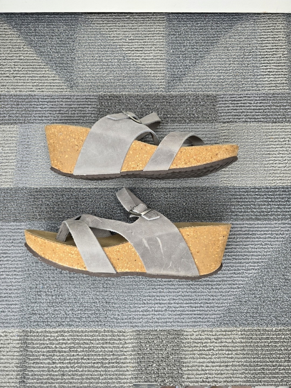 Bio-Gold Women's Gray Cork Wedge Slide Thong Sandals with Adjustable Strap
